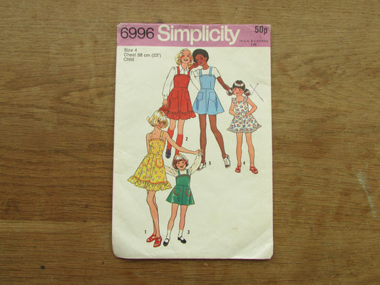 Part cut 1975 Simplicity 6996 sewing pattern for child's & girls' dress or jumper, size 4 (complete)