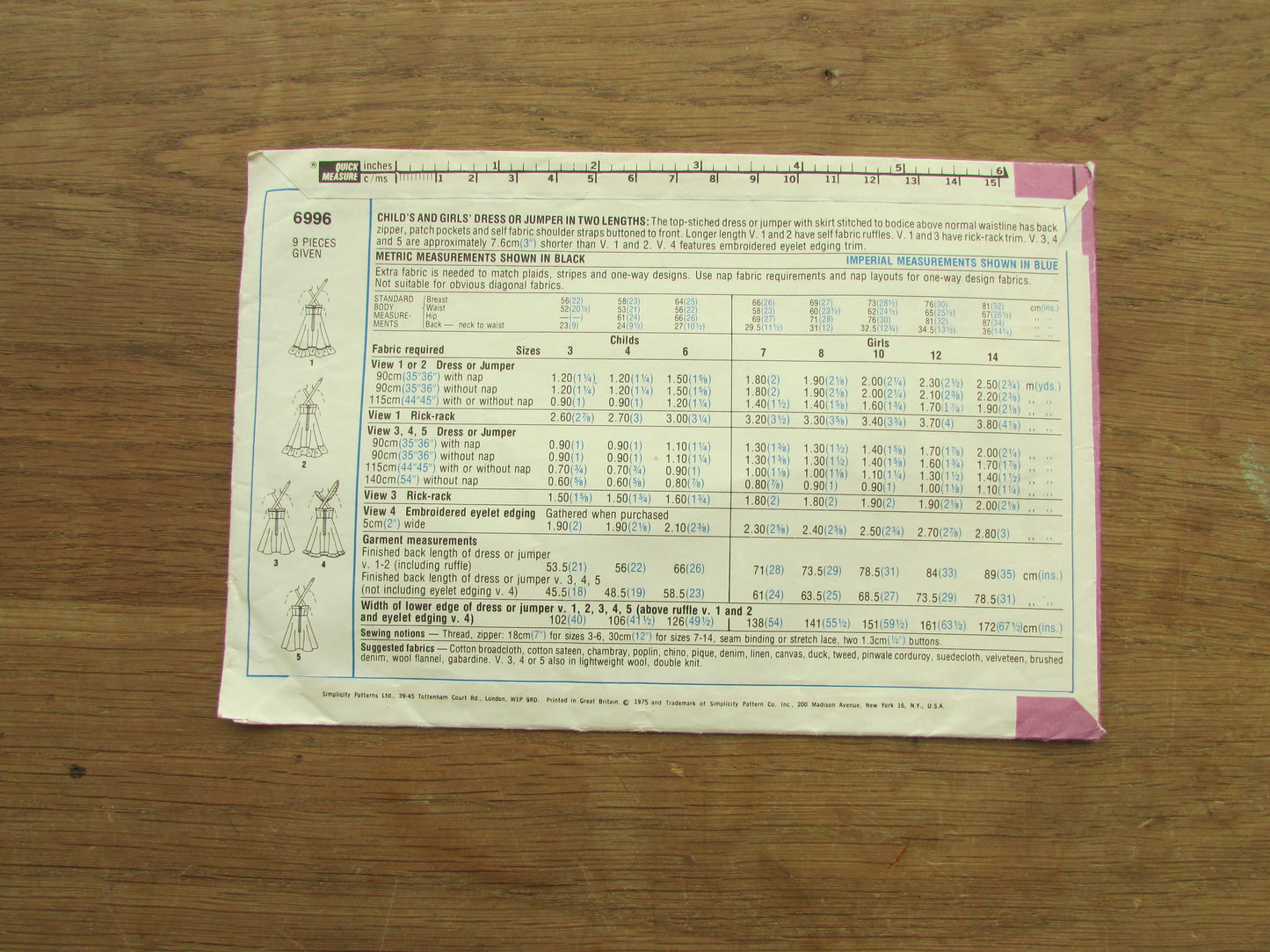 Part cut 1975 Simplicity 6996 sewing pattern for child's & girls' dress or jumper, size 4 (complete)