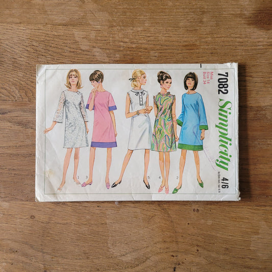 Part cut 1967 Simplicity 7082 sewing pattern for misses' one-piece dress, size 14 (complete)