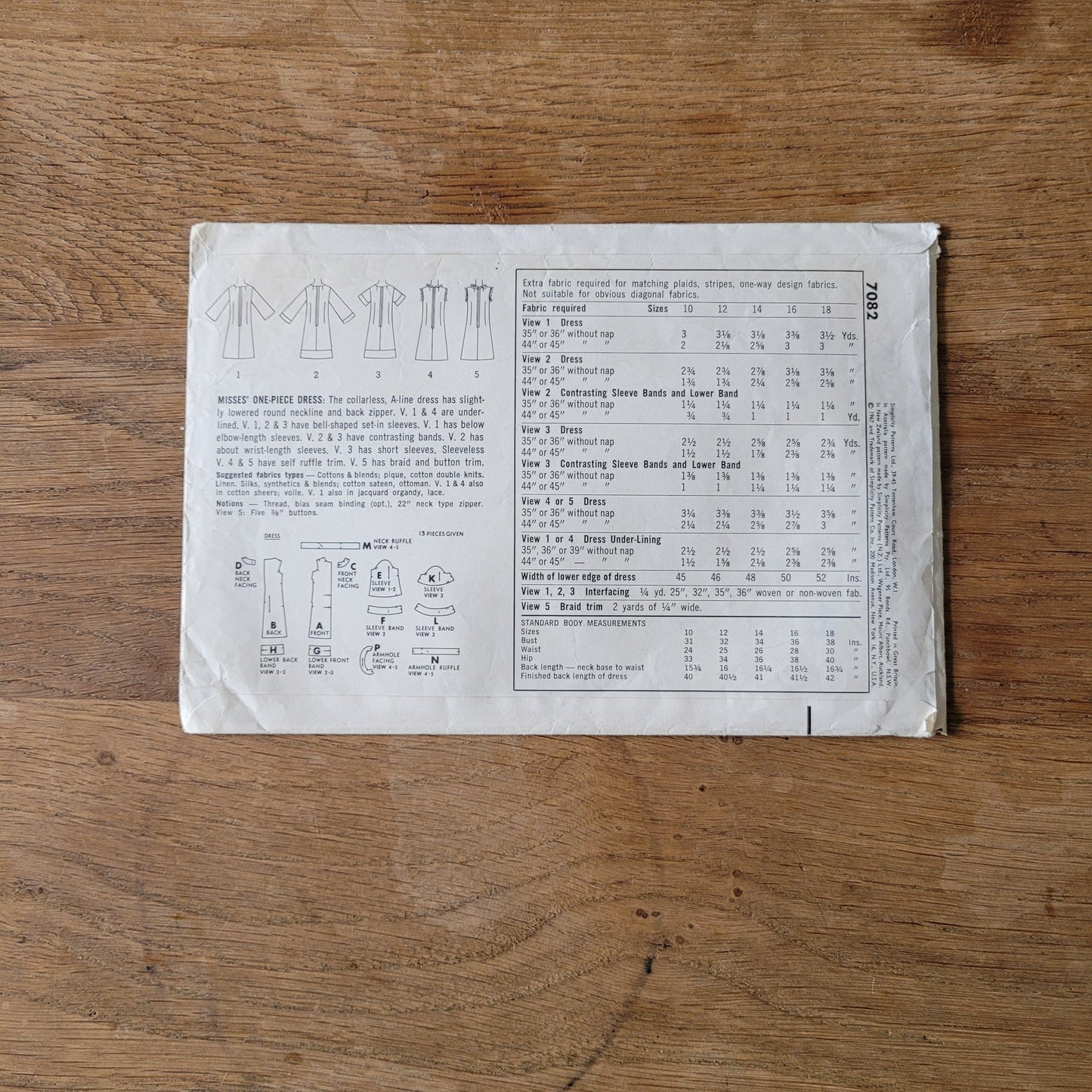 Part cut 1967 Simplicity 7082 sewing pattern for misses' one-piece dress, size 14 (complete)