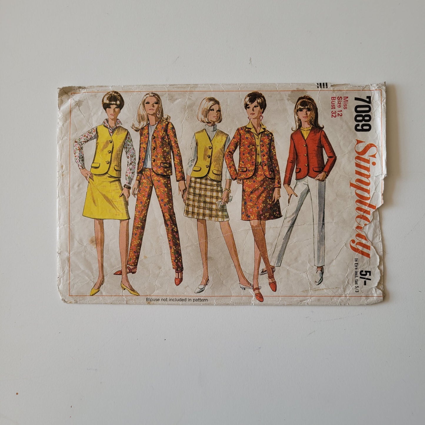 Part cut 1967 Simplicity 7089 sewing pattern for misses' jacket or sleeveless jacket, skirt & slacks, size 12 (see description below)