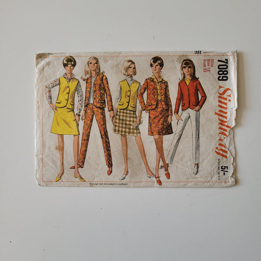 Part cut 1967 Simplicity 7089 sewing pattern for misses' jacket or sleeveless jacket, skirt & slacks, size 12 (see description below)