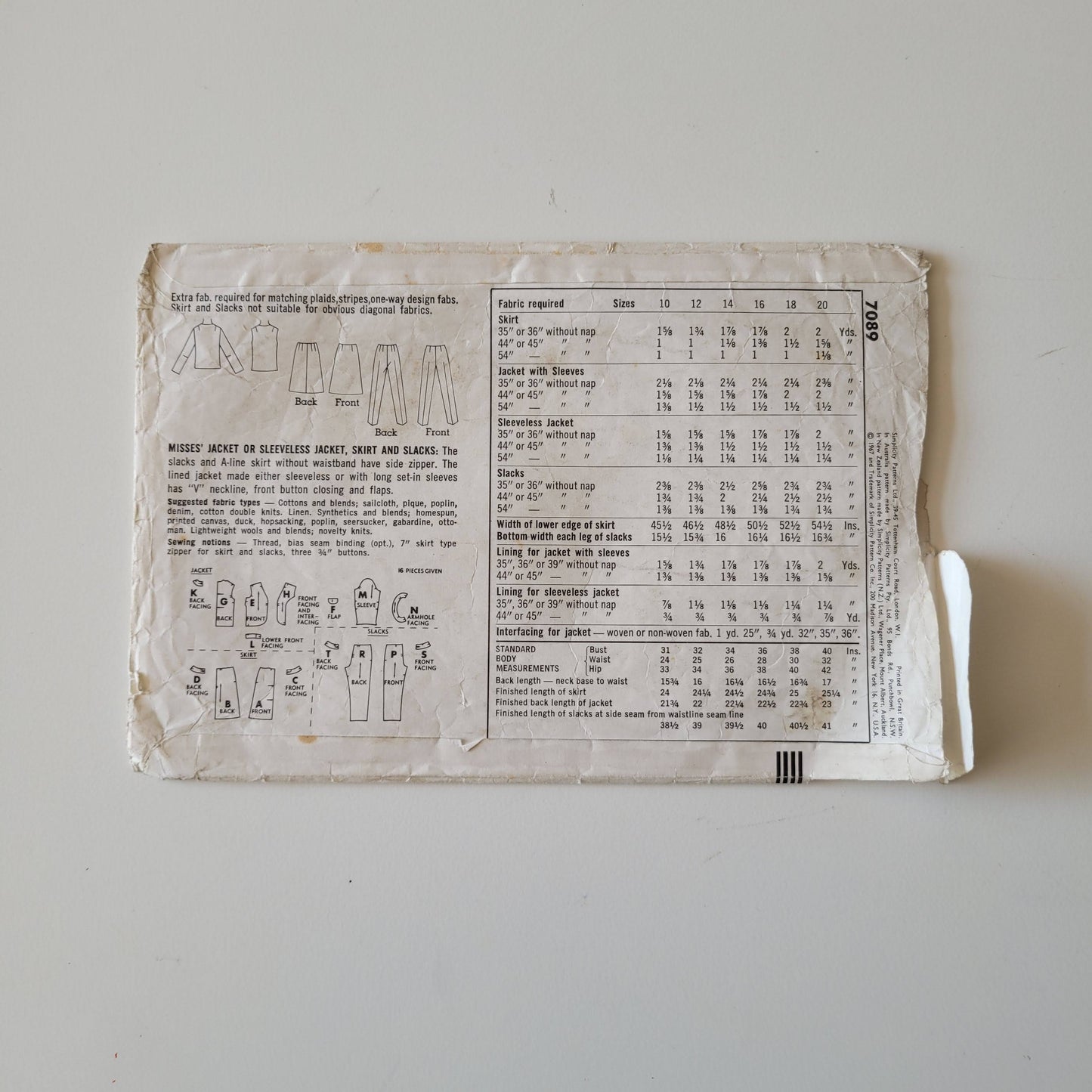 Part cut 1967 Simplicity 7089 sewing pattern for misses' jacket or sleeveless jacket, skirt & slacks, size 12 (see description below)