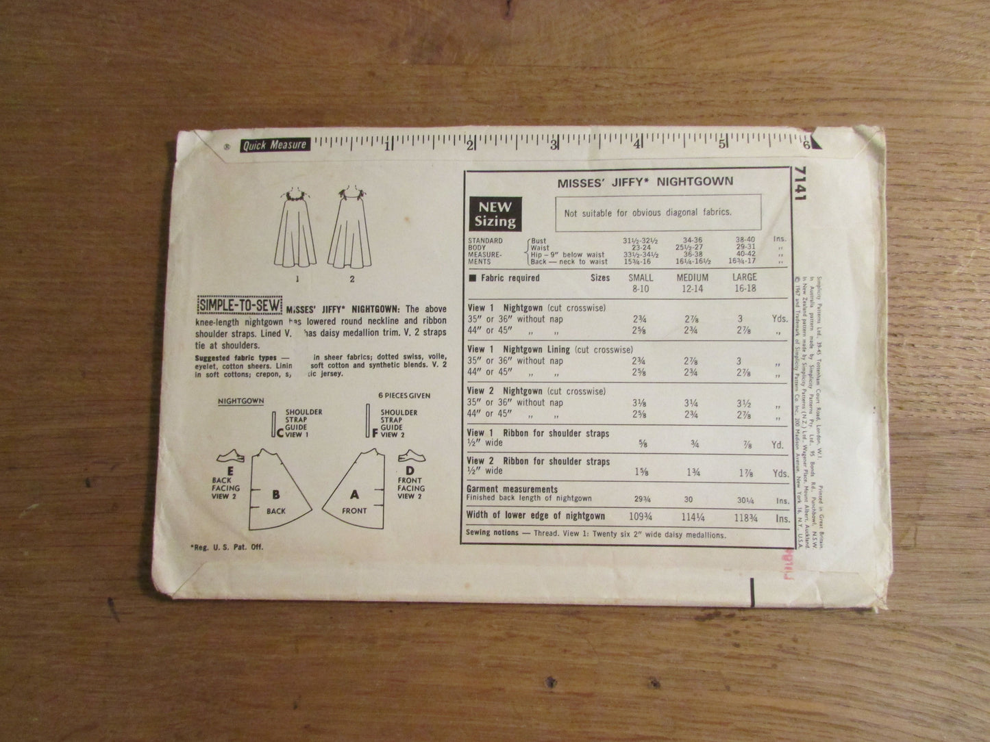 Used 1967 Simplicity 7141 sewing pattern for misses' jiffy nightgown, size 16/18 (complete)