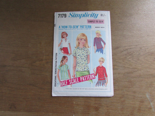 Part cut 1967 Simplicity 7179 a 'how-to-sew' pattern for misses' blouses. size 14 (complete)