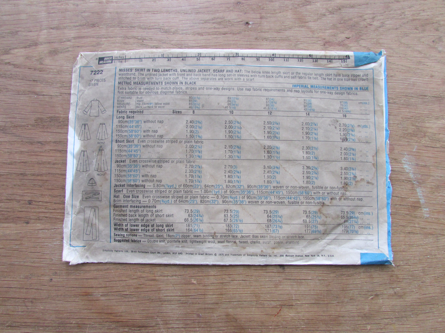 Part cut 1975 Simplicity 7222 sewing pattern for misses' skirt, unlined jacket & scarf, size 10 (complete)