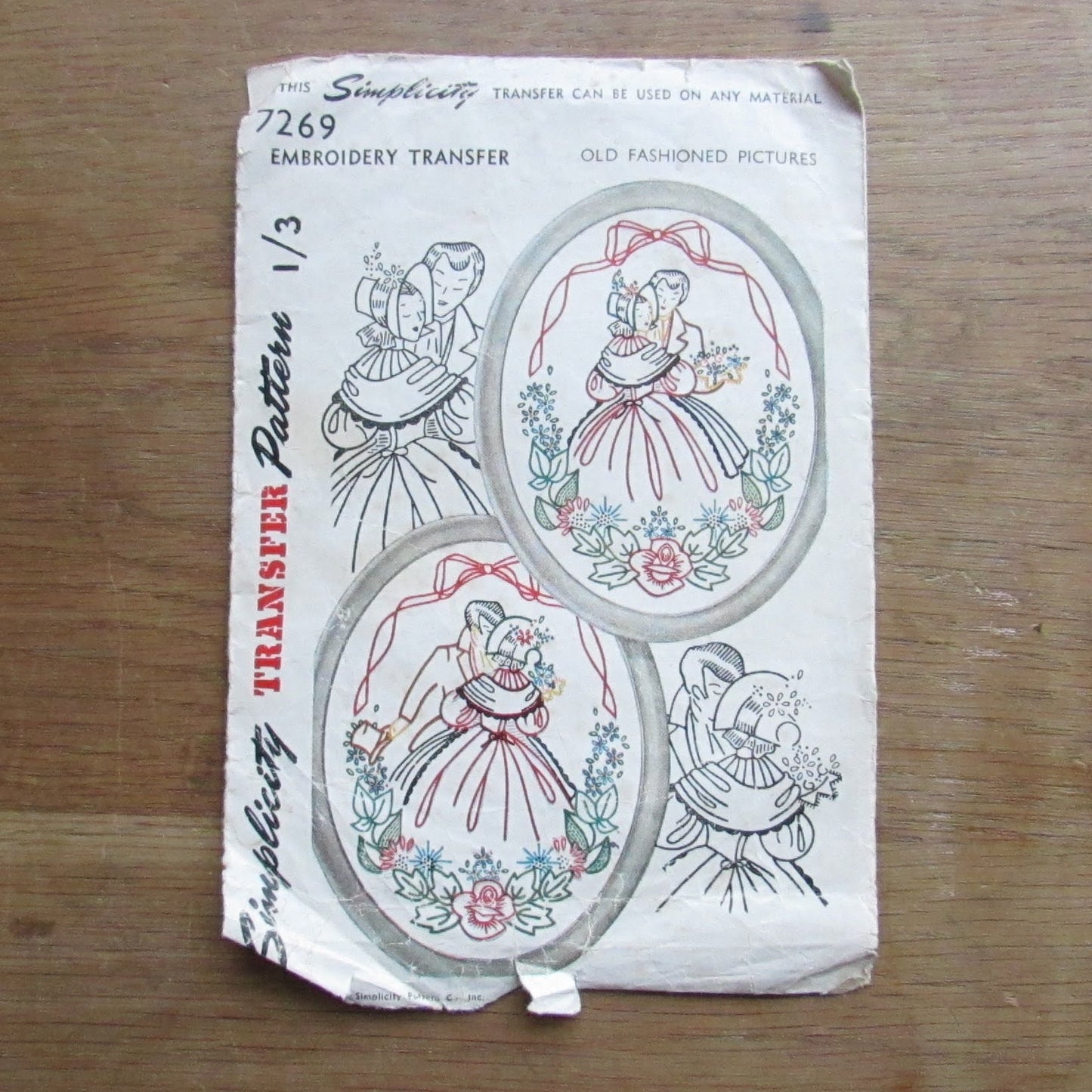 Part-used/cut 1947 Simplicity 7269 embroidery transfers for 'old-fashioned pictures'