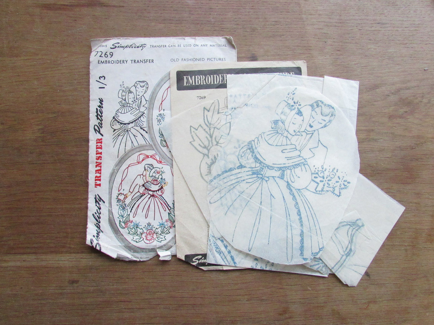 Part-used/cut 1947 Simplicity 7269 embroidery transfers for 'old-fashioned pictures'