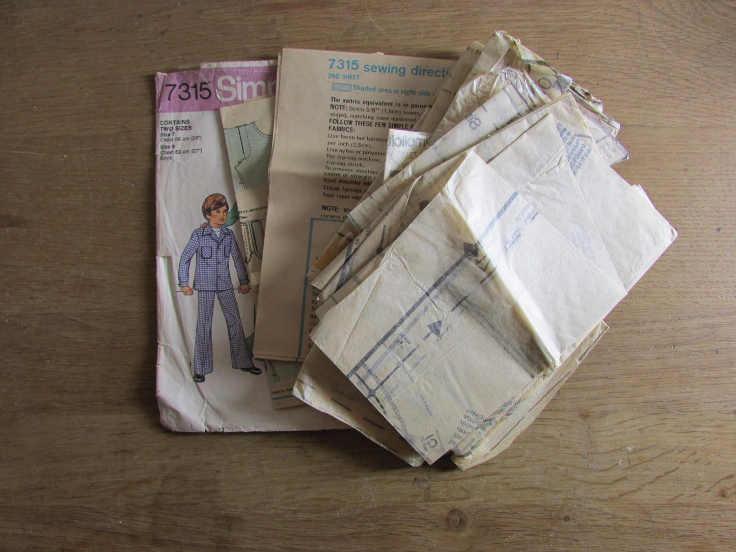 Part cut 1976 Simplicity 7315 sewing pattern for boy's shirt, jacket & pants, sizes 7 + 8 (complete, see description below)