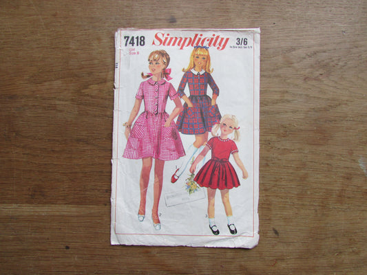 Part cut 1967 Simplicity 7418 sewing pattern for child's & girls' dress, size 8 (complete, see description below)
