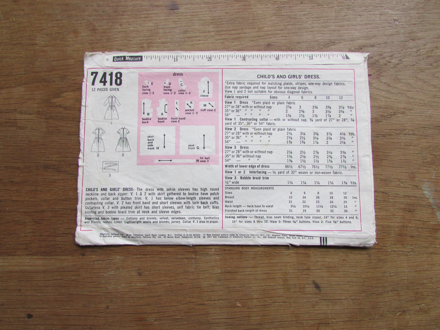 Part cut 1967 Simplicity 7418 sewing pattern for child's & girls' dress, size 8 (complete, see description below)