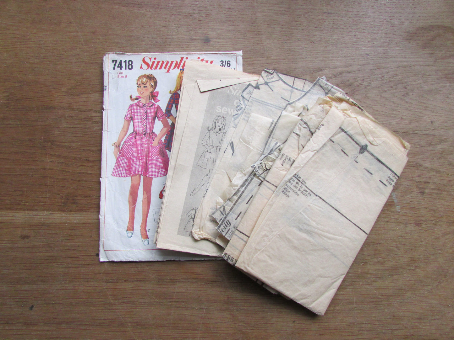 Part cut 1967 Simplicity 7418 sewing pattern for child's & girls' dress, size 8 (complete, see description below)