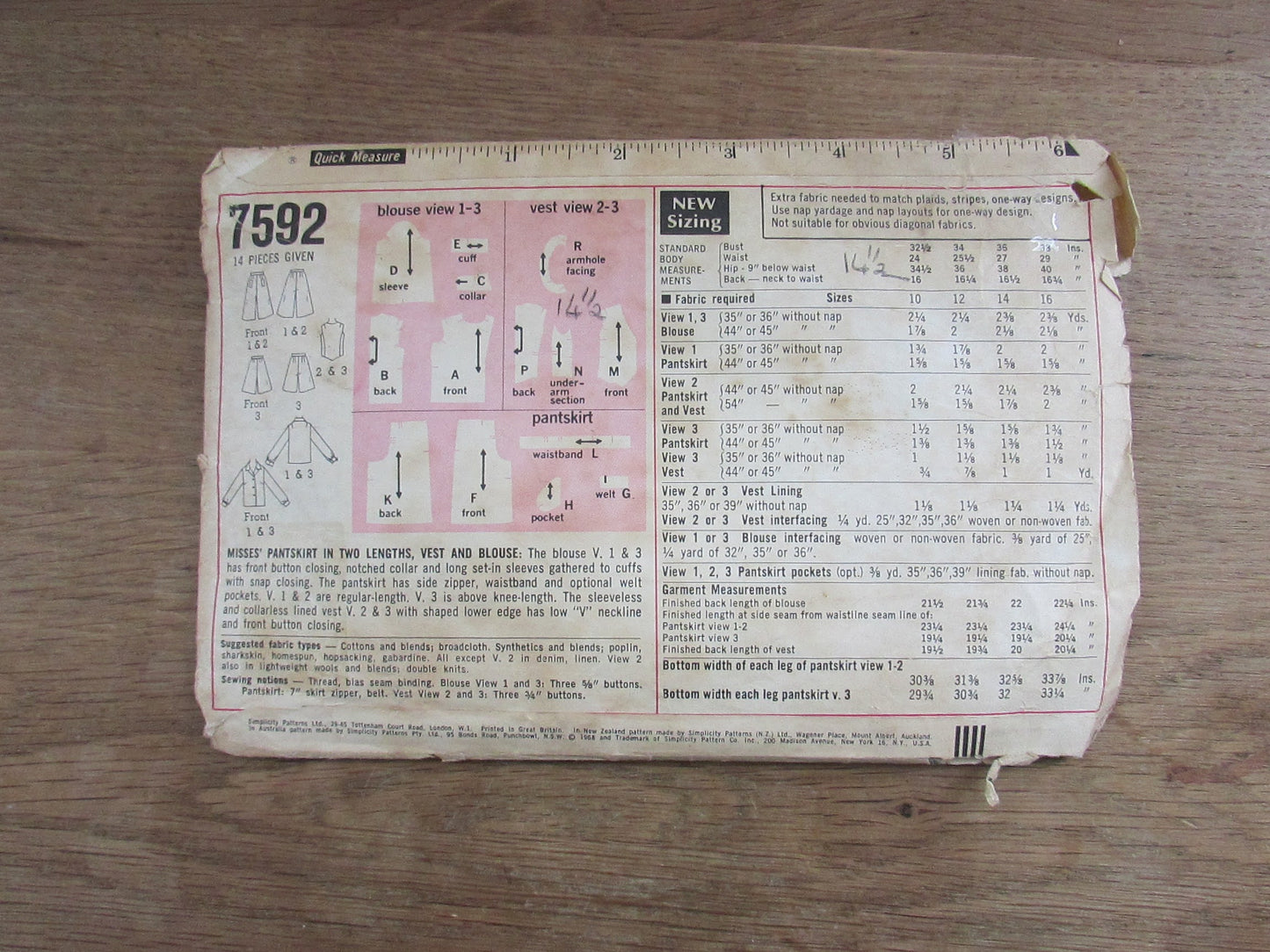 Part cut 1968 Simplicity 7592 sewing pattern for misses' pantskirt, vest & blouse, size 12 (complete but missing instructions)