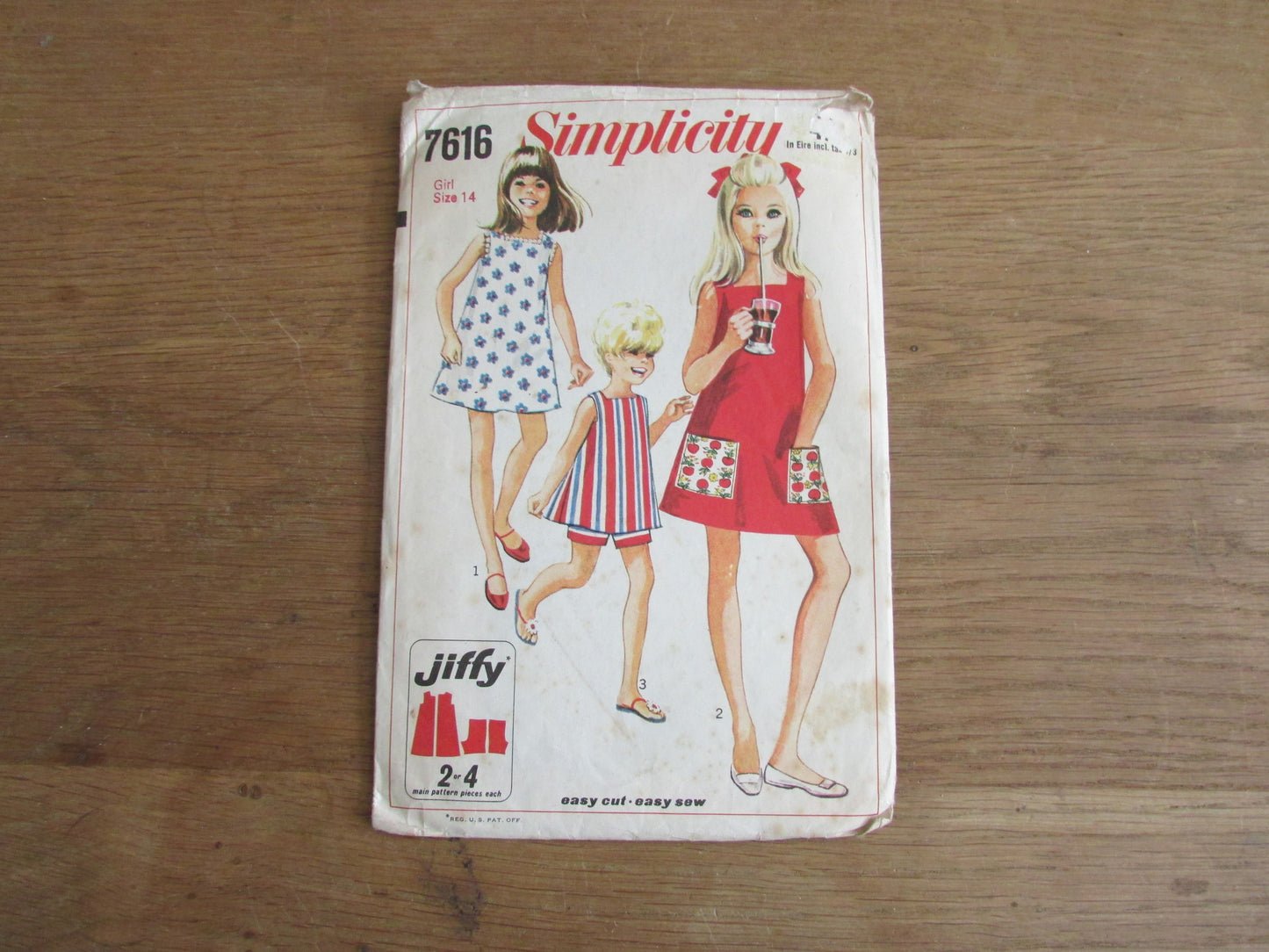 Part cut 1968 Simplicity 7616 sewing pattern for girl's & chubbies' jiffy dress in two lengths, girls size 14 (complete)