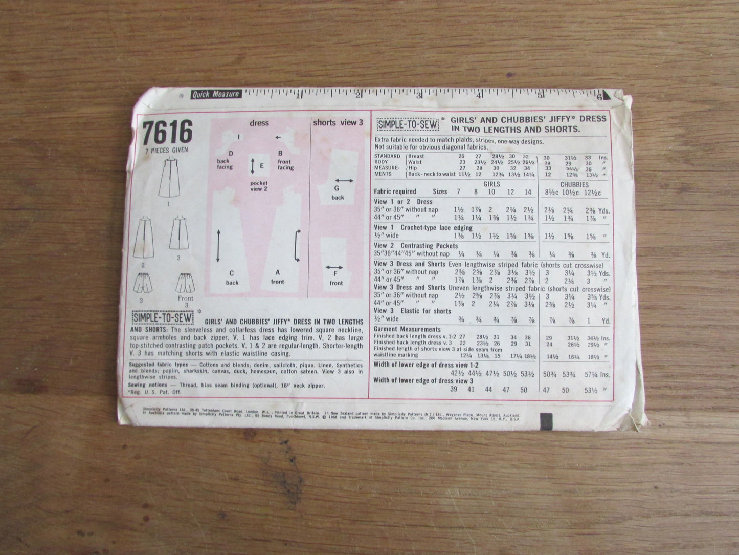Part cut 1968 Simplicity 7616 sewing pattern for girl's & chubbies' jiffy dress in two lengths, girls size 14 (complete)