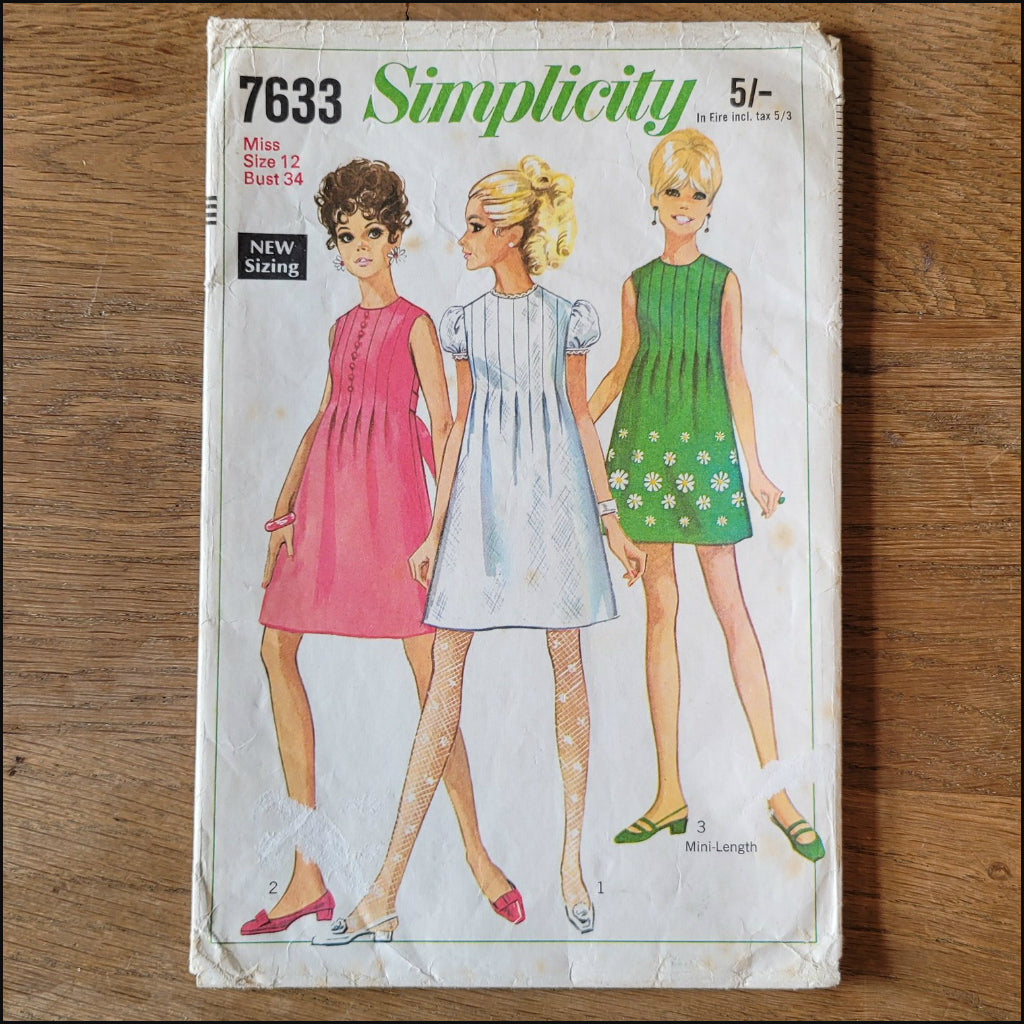 Part cut 1968 Simplicity 7633 sewing pattern for misses' dress in two lengths, size 12 (complete)