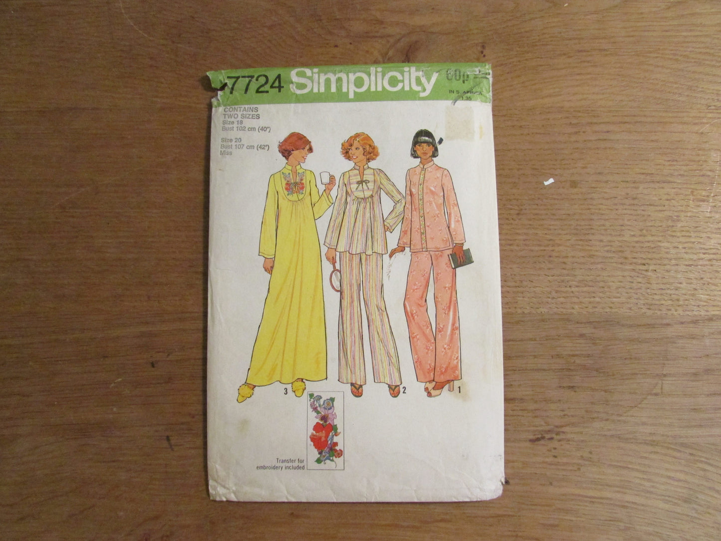 Uncut 1970s Simplicity 7724 sewing pattern for misses' pullover caftan or nightgown & pajamas, includes transfer, sizes 18-20 (complete)
