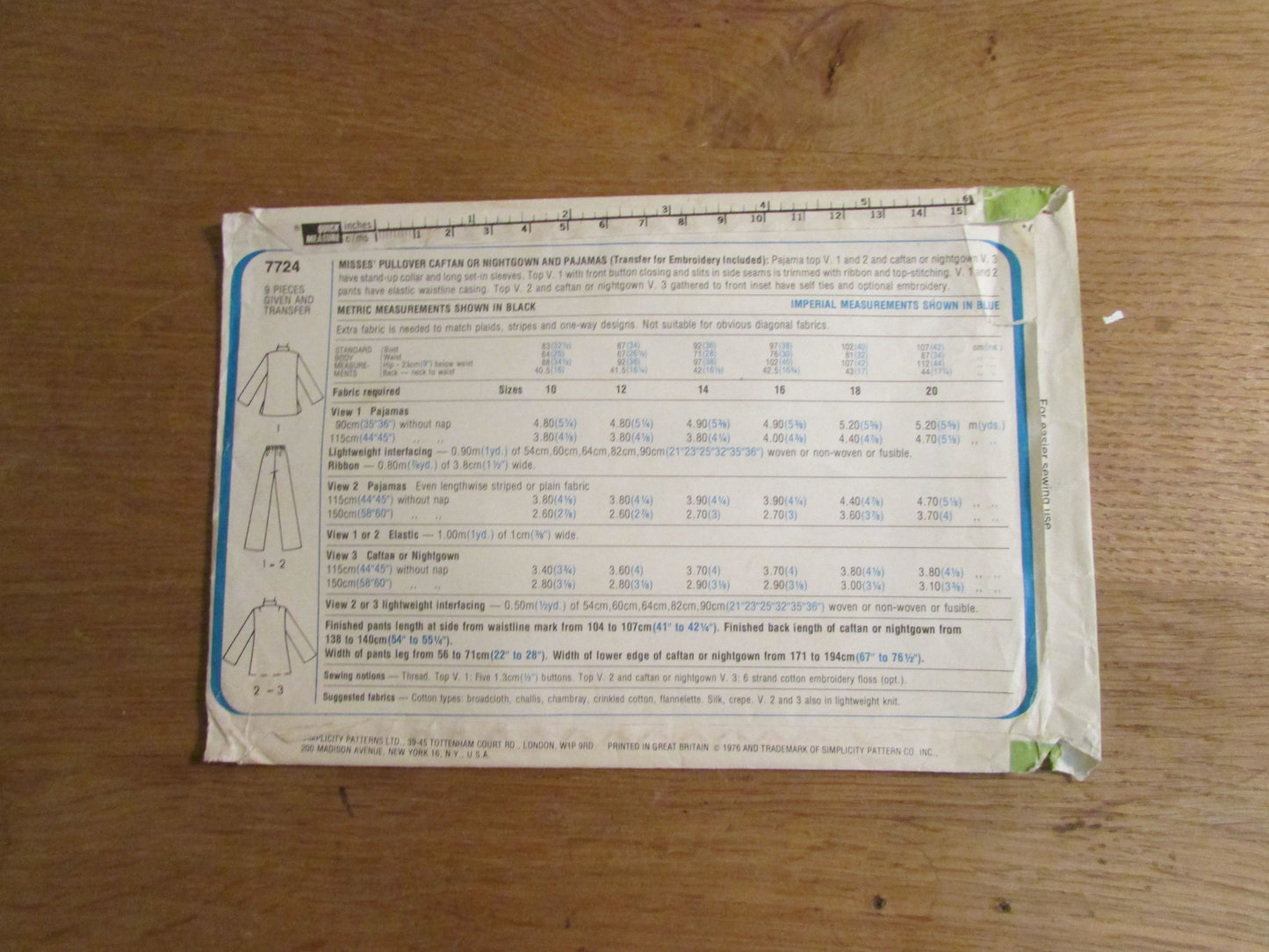 Uncut 1970s Simplicity 7724 sewing pattern for misses' pullover caftan or nightgown & pajamas, includes transfer, sizes 18-20 (complete)