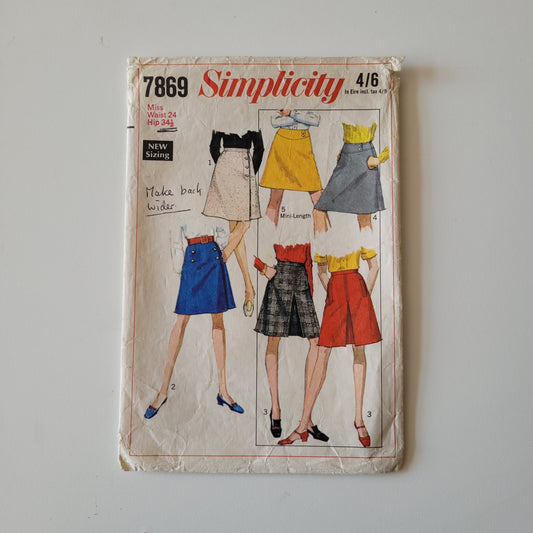 Part cut 1968 Simplicity 7869 sewing pattern for misses' set of skirts, size S (complete)