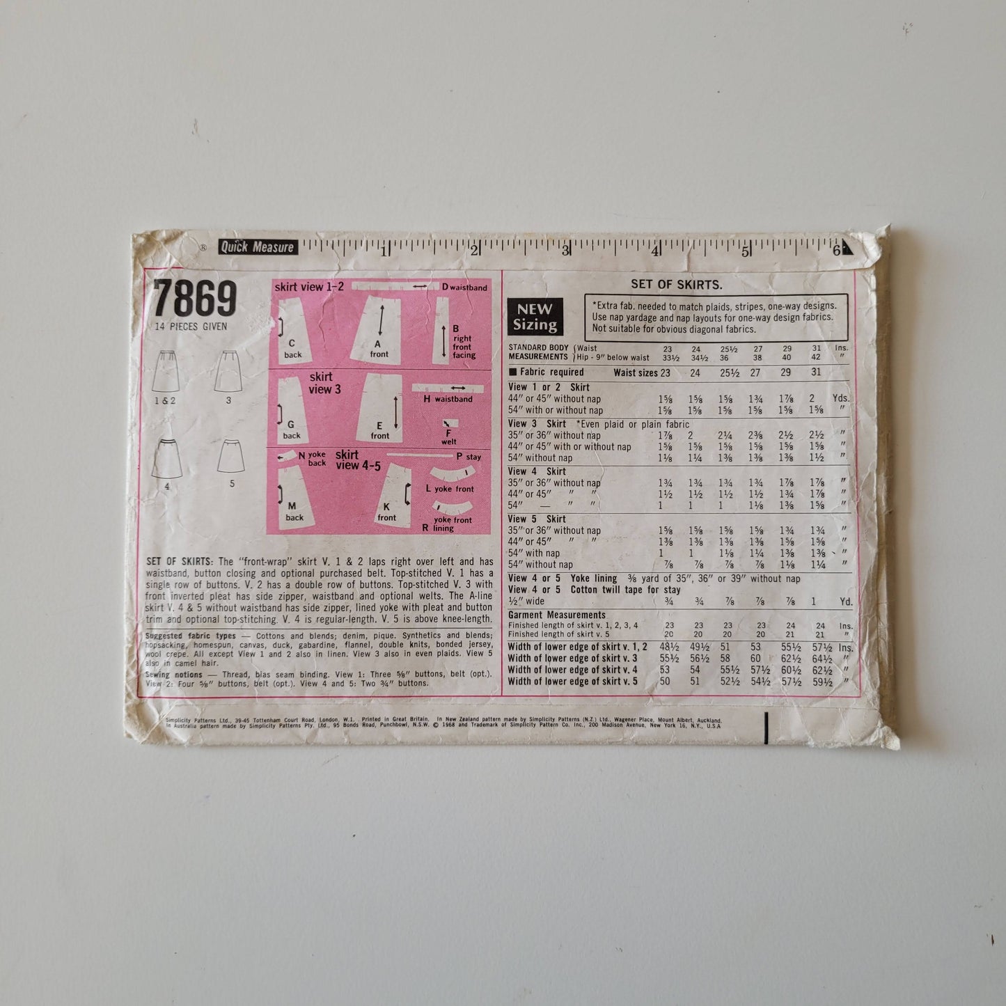 Part cut 1968 Simplicity 7869 sewing pattern for misses' set of skirts, size S (complete)