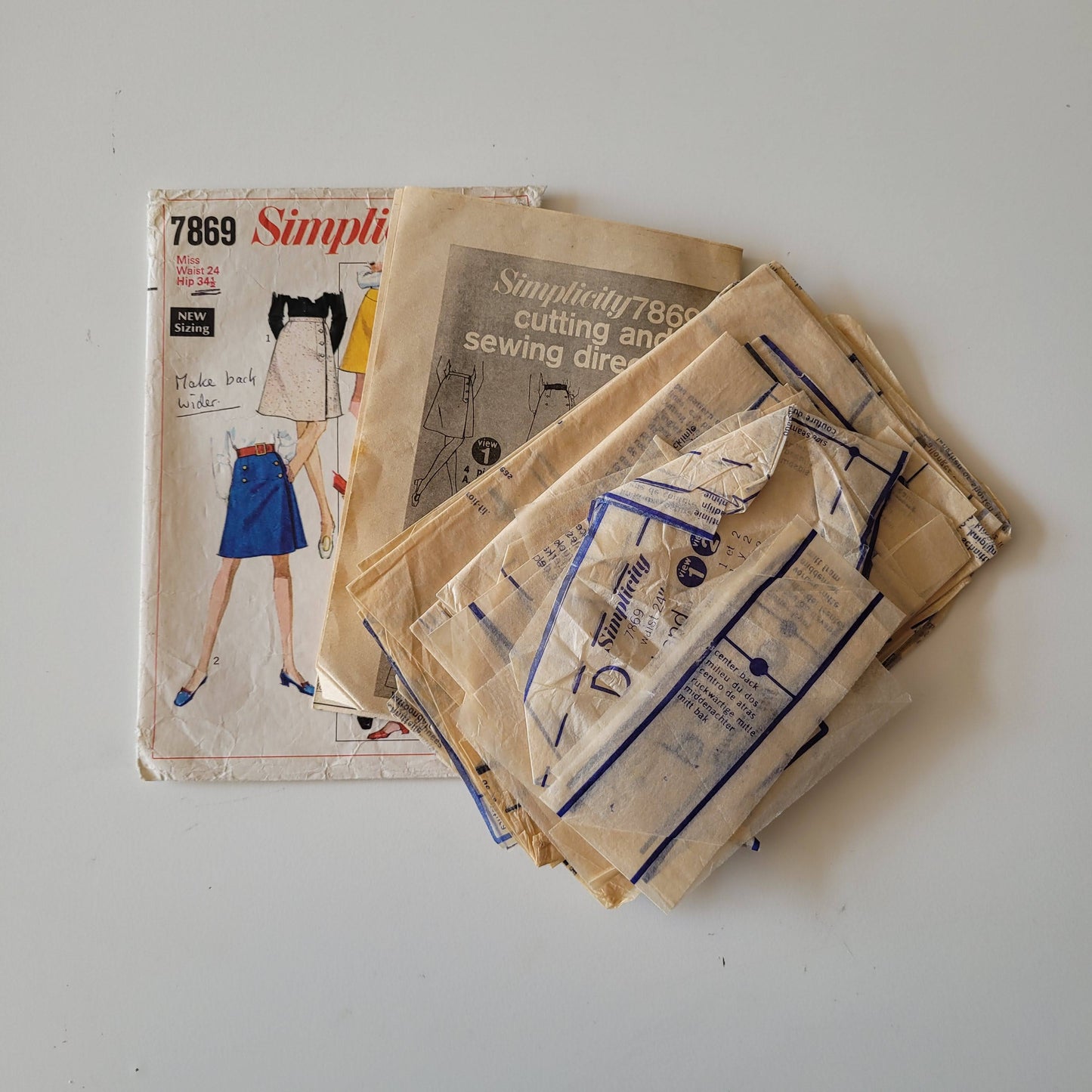Part cut 1968 Simplicity 7869 sewing pattern for misses' set of skirts, size S (complete)
