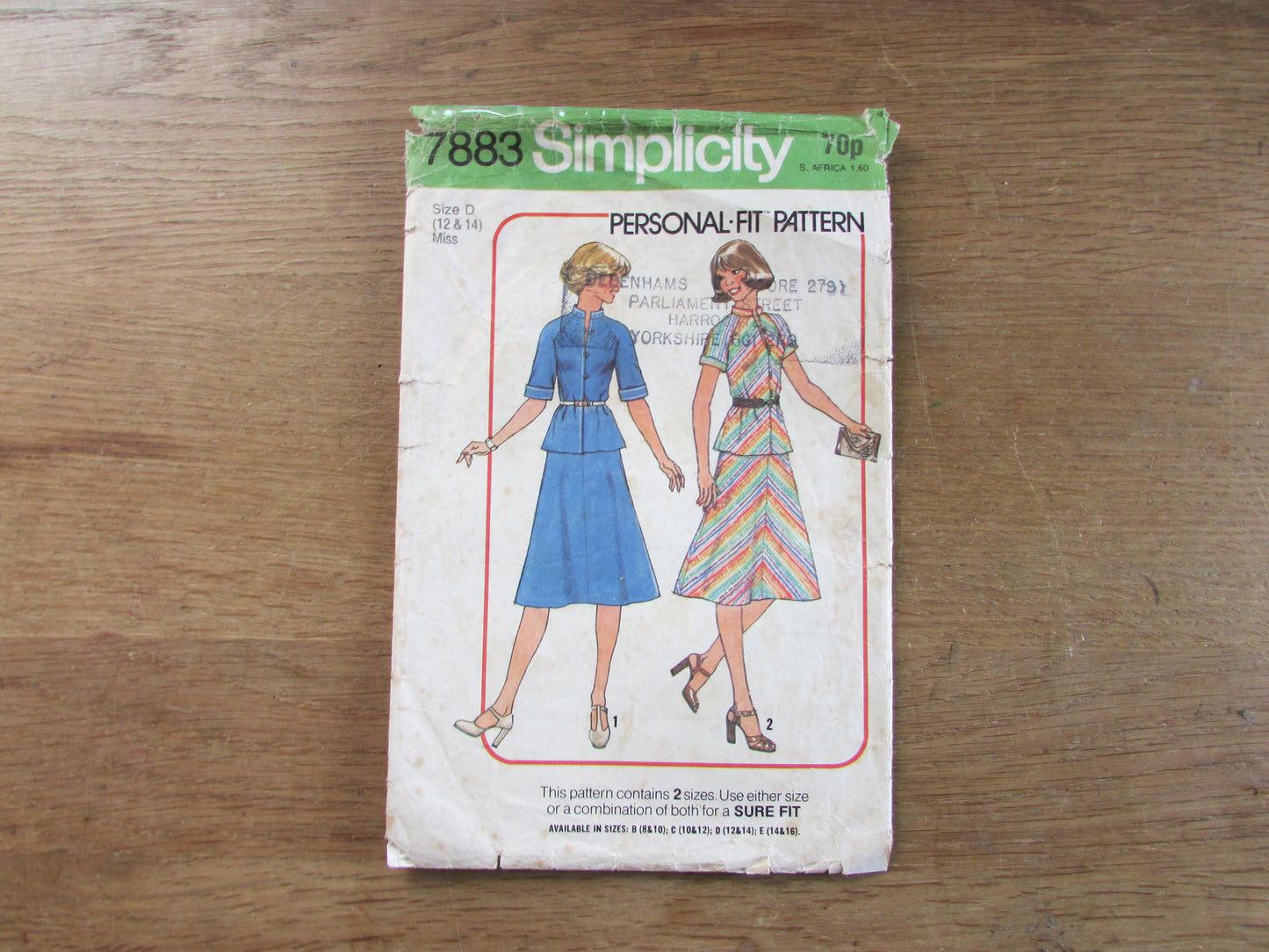 Part cut 1977 Simplicity 7883 sewing pattern for misses' bias two-piece dress (part cut to size 14, complete but missing instructions)