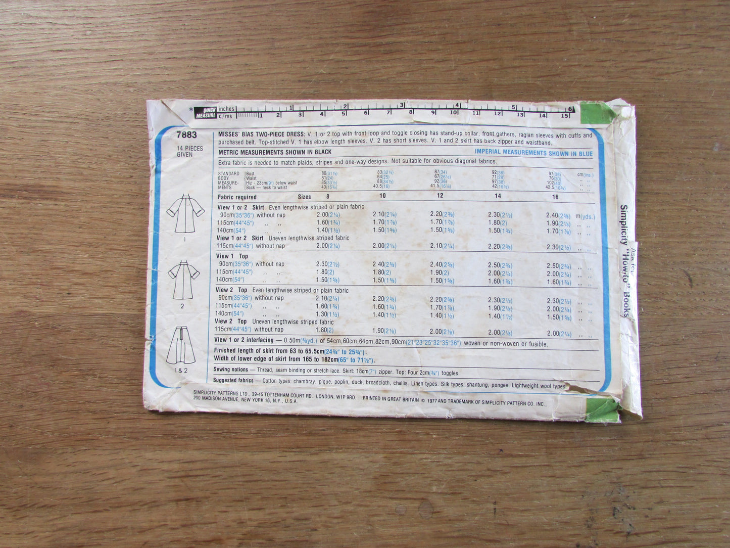 Part cut 1977 Simplicity 7883 sewing pattern for misses' bias two-piece dress (part cut to size 14, complete but missing instructions)