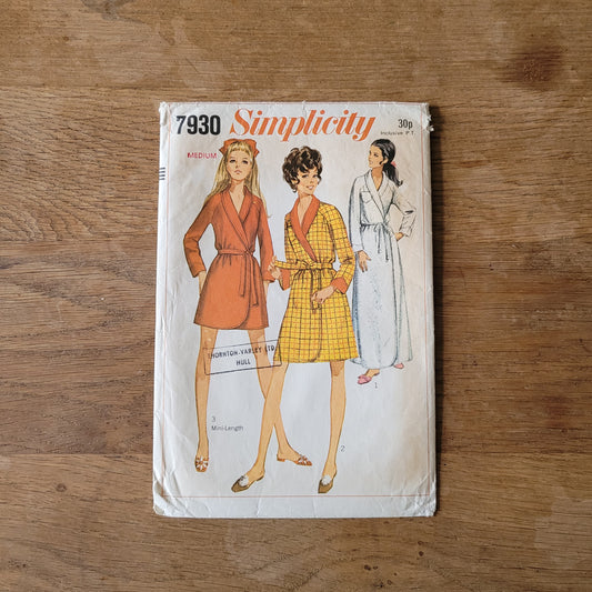 Part cut 1968 Simplicity 7930 sewing pattern for misses' & women's robe in three lengths, size M 12-14 (complete)