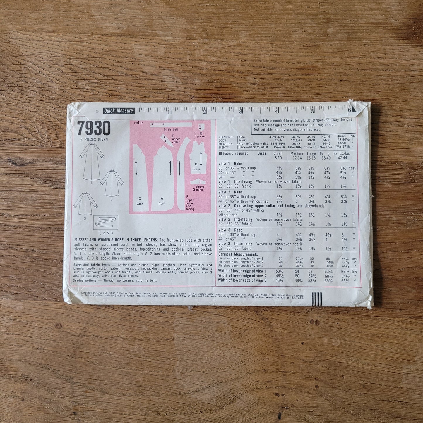 Part cut 1968 Simplicity 7930 sewing pattern for misses' & women's robe in three lengths, size M 12-14 (complete)