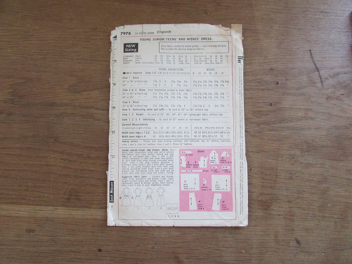 Part cut 1968 Simplicity 7978 sewing pattern for junior/teens' & misses' dress, size 12 (see description below)
