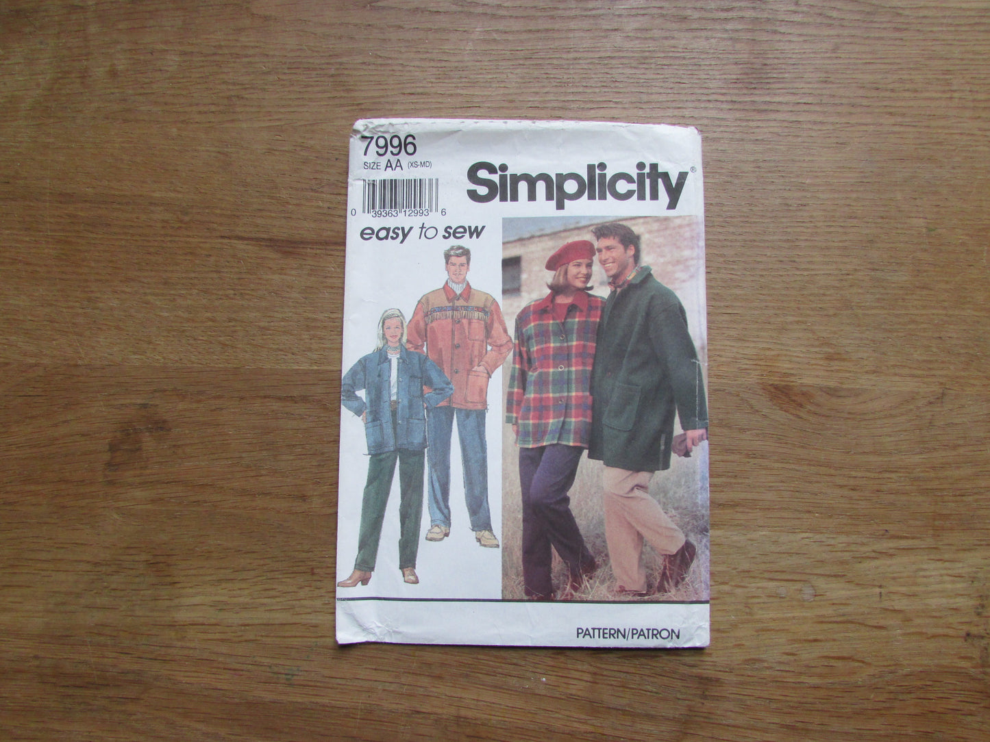 Uncut 1992 Simplicity 7996 sewing pattern for misses', men's or teen boy's pull-on pants, & unlined coat or jacket, sizes XS - M (complete)