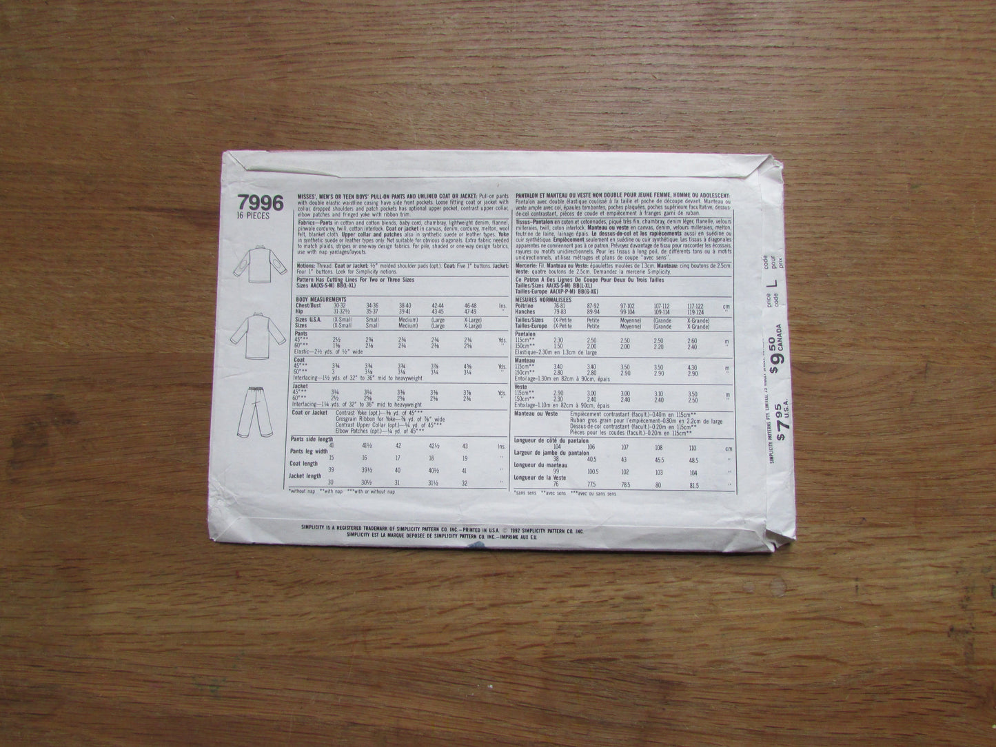 Uncut 1992 Simplicity 7996 sewing pattern for misses', men's or teen boy's pull-on pants, & unlined coat or jacket, sizes XS - M (complete)