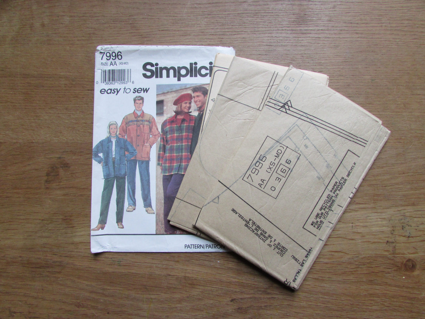 Uncut 1992 Simplicity 7996 sewing pattern for misses', men's or teen boy's pull-on pants, & unlined coat or jacket, sizes XS - M (complete)