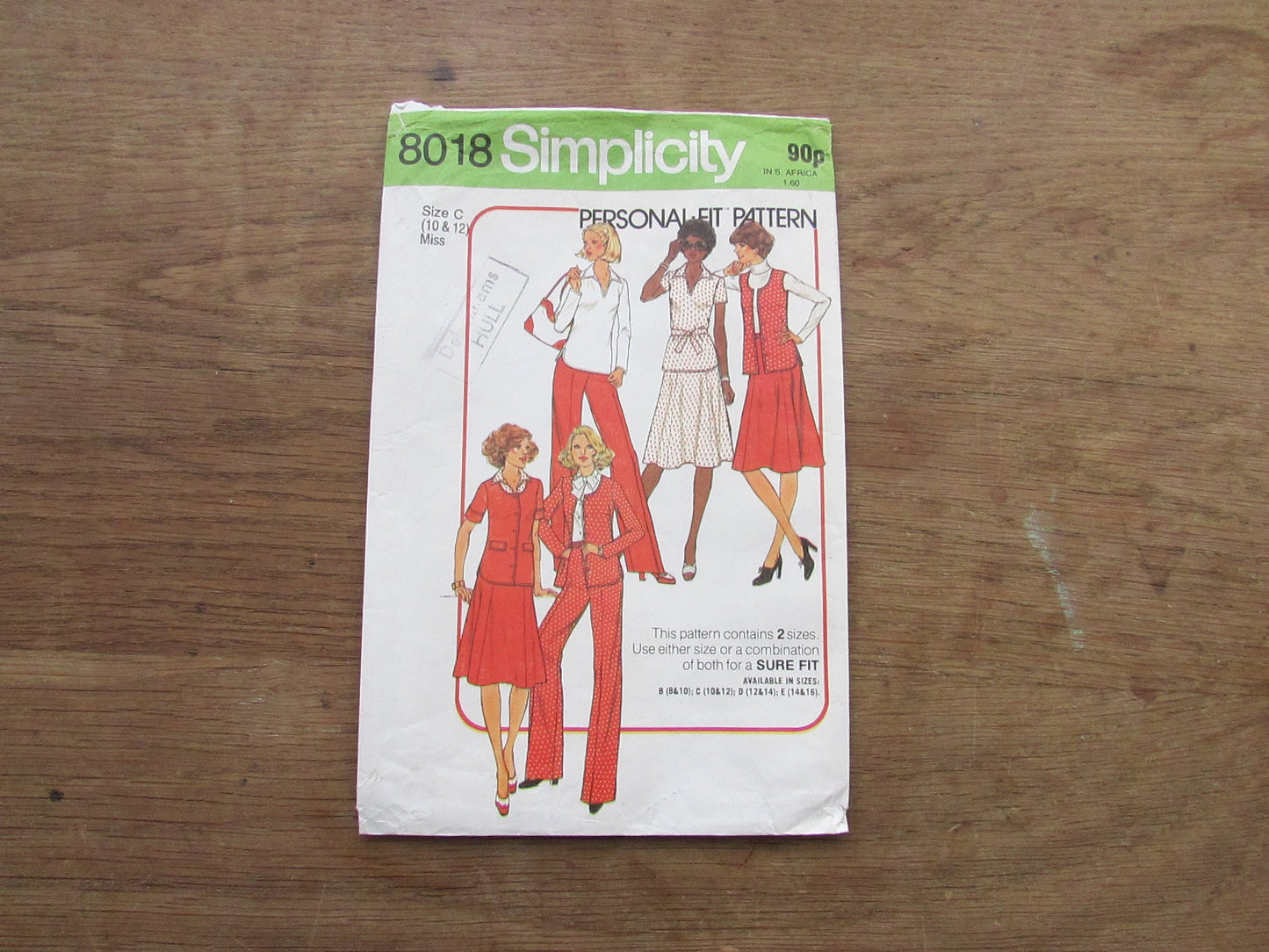 Part cut 1977 Simplicity 8018 personal fit sewing pattern for misses' skirt, pants, top & unlined jacket, size 10-12 (complete)