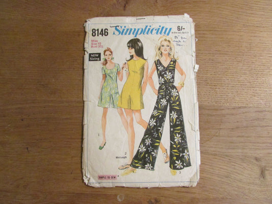 Part cut 1969 Simplicity 8146 sewing pattern for misses' pant dress with three necklines, size 10 (see description below)