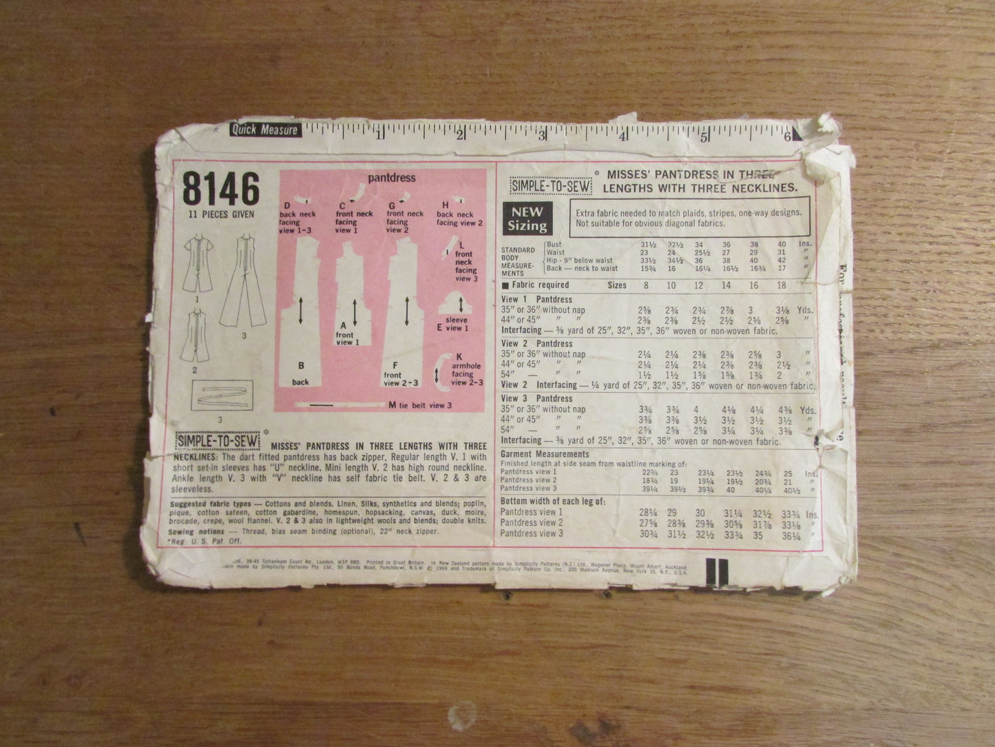 Part cut 1969 Simplicity 8146 sewing pattern for misses' pant dress with three necklines, size 10 (see description below)