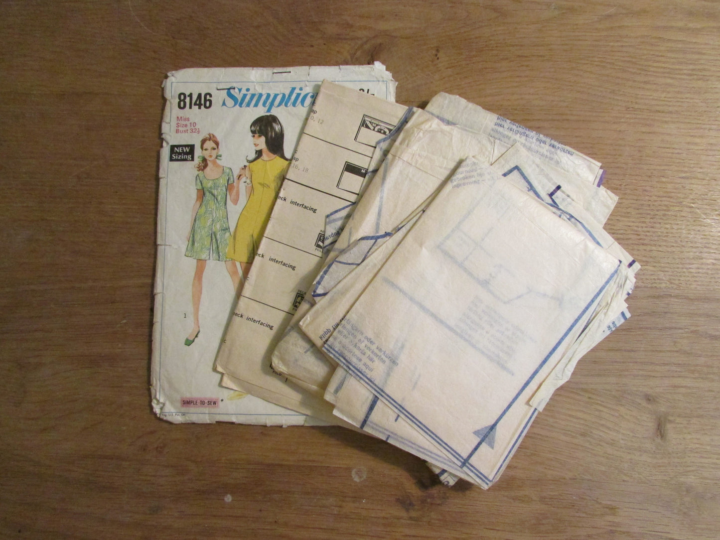 Part cut 1969 Simplicity 8146 sewing pattern for misses' pant dress with three necklines, size 10 (see description below)