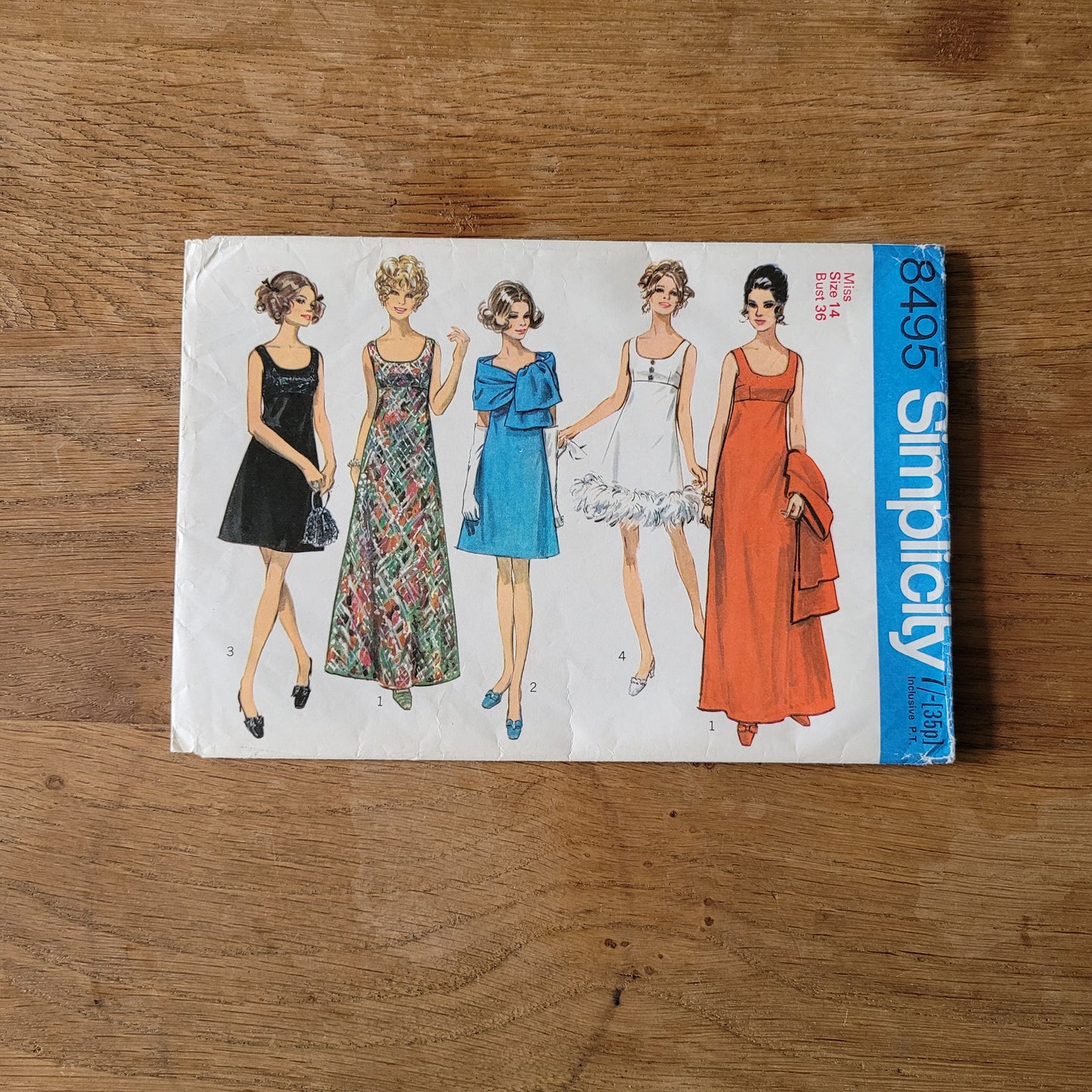Part cut 1969 Simplicity 8495 sewing pattern for misses' dress in two lengths, and stole, size 14 (see description below)
