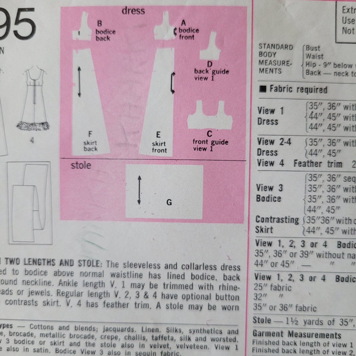Part cut 1969 Simplicity 8495 sewing pattern for misses' dress in two lengths, and stole, size 14 (see description below)