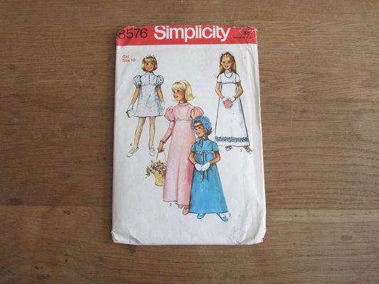 Part cut 1969 Simplicity 8576 sewing pattern for child's & girls' dress in two lengths, girl size 10 (complete)