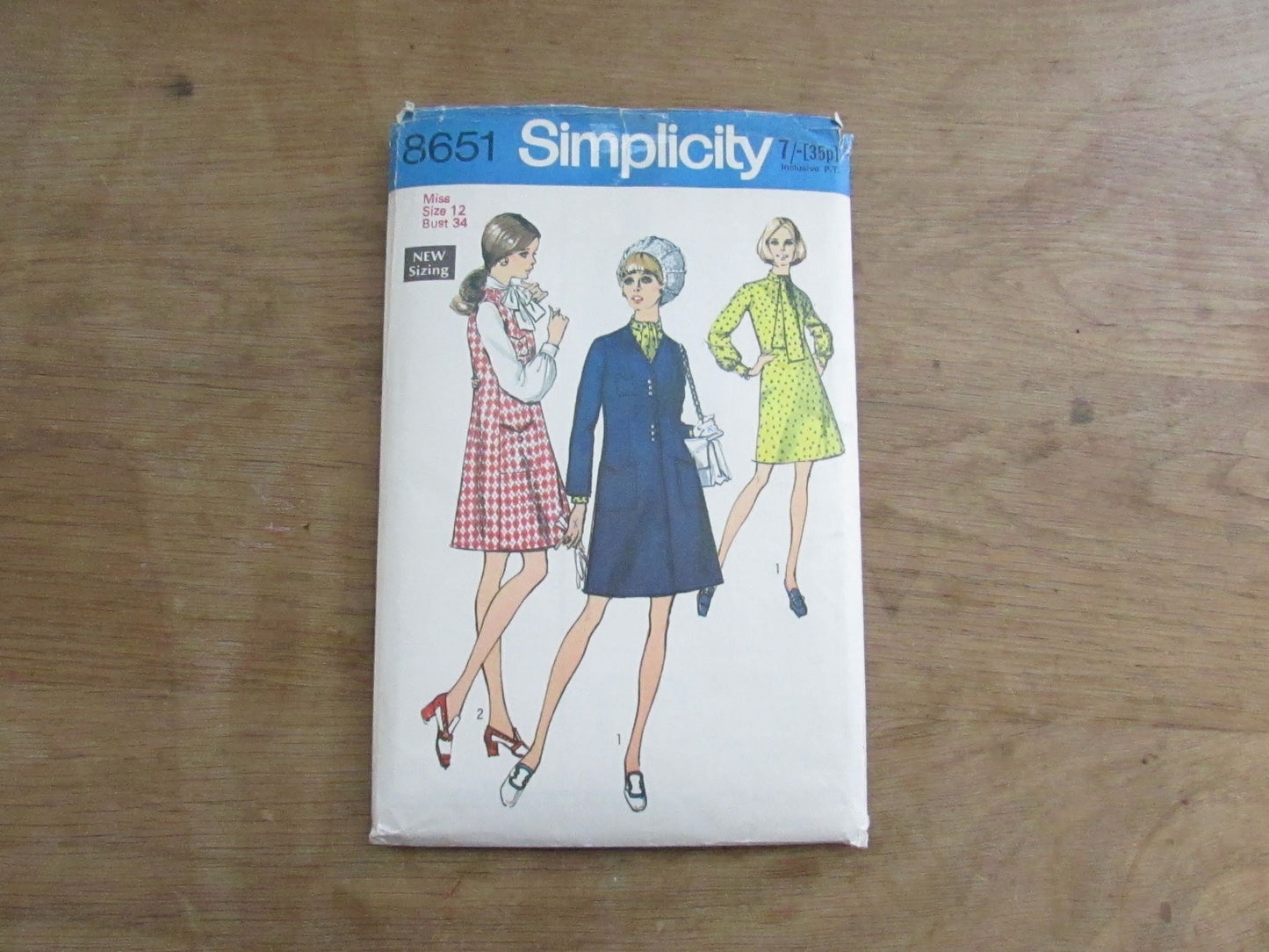 Uncut 1970 Simplicity 8651 sewing pattern for misses' coat or sleeveless coat & dress, size 12 (uncut)