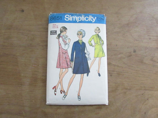 Uncut 1970 Simplicity 8651 sewing pattern for misses' coat or sleeveless coat & dress, size 12 (uncut)