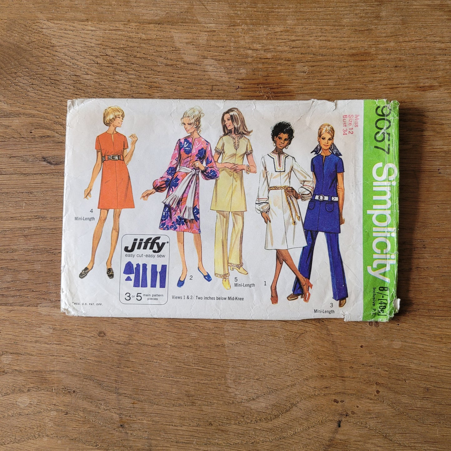 Used 1970 Simplicity 9057 sewing pattern for misses' jiffy pattern in two lengths, and pants, size 12 (complete)