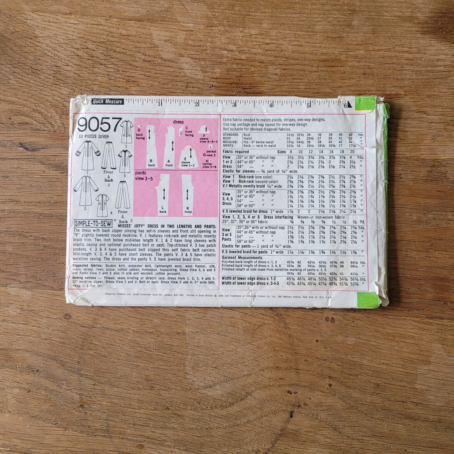 Used 1970 Simplicity 9057 sewing pattern for misses' jiffy pattern in two lengths, and pants, size 12 (complete)