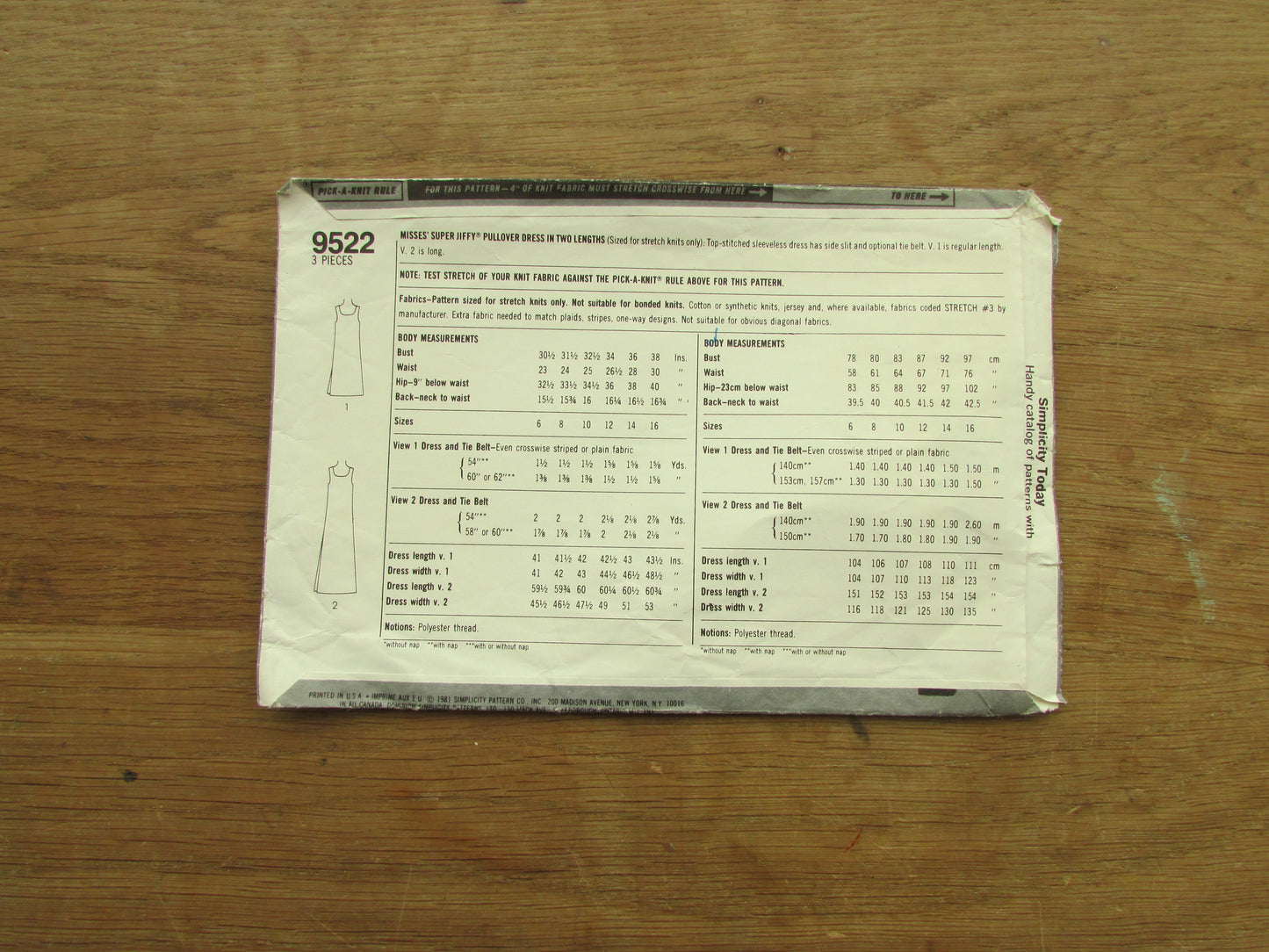 Used 1981 Simplicity 9522 sewing pattern for misses' super jiffy pullover dress, size 10 (complete)