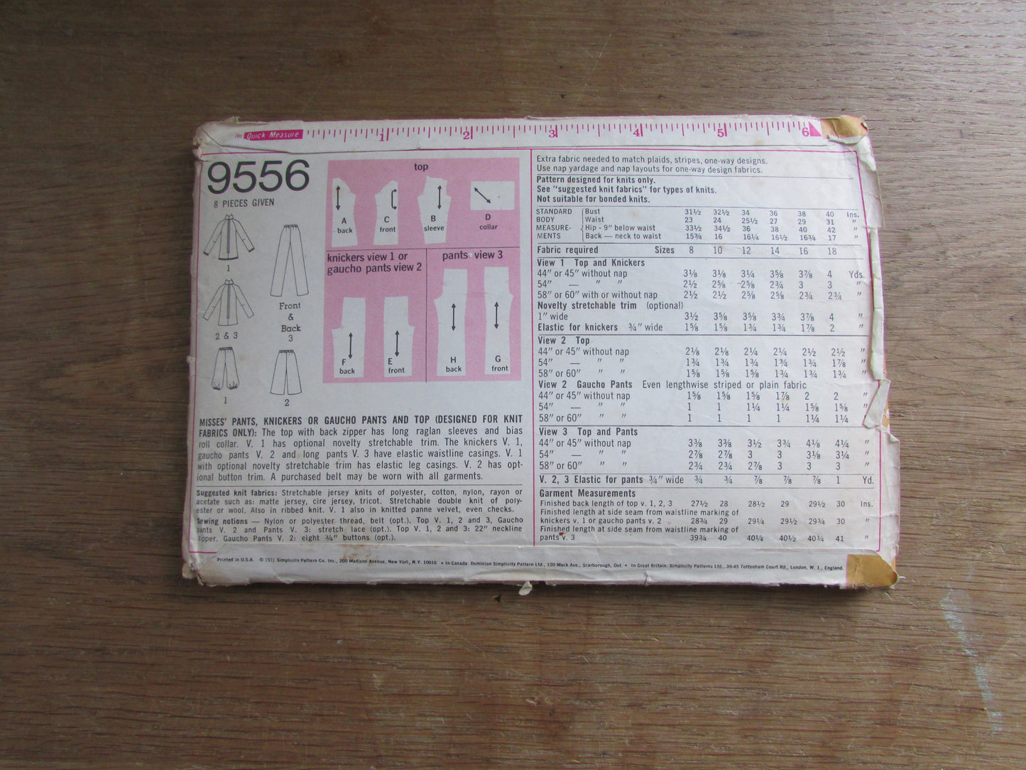 Used 1971 Simplicity 9556 sewing pattern for misses' pants, knickers or gaucho pants & top, size 10 (complete)