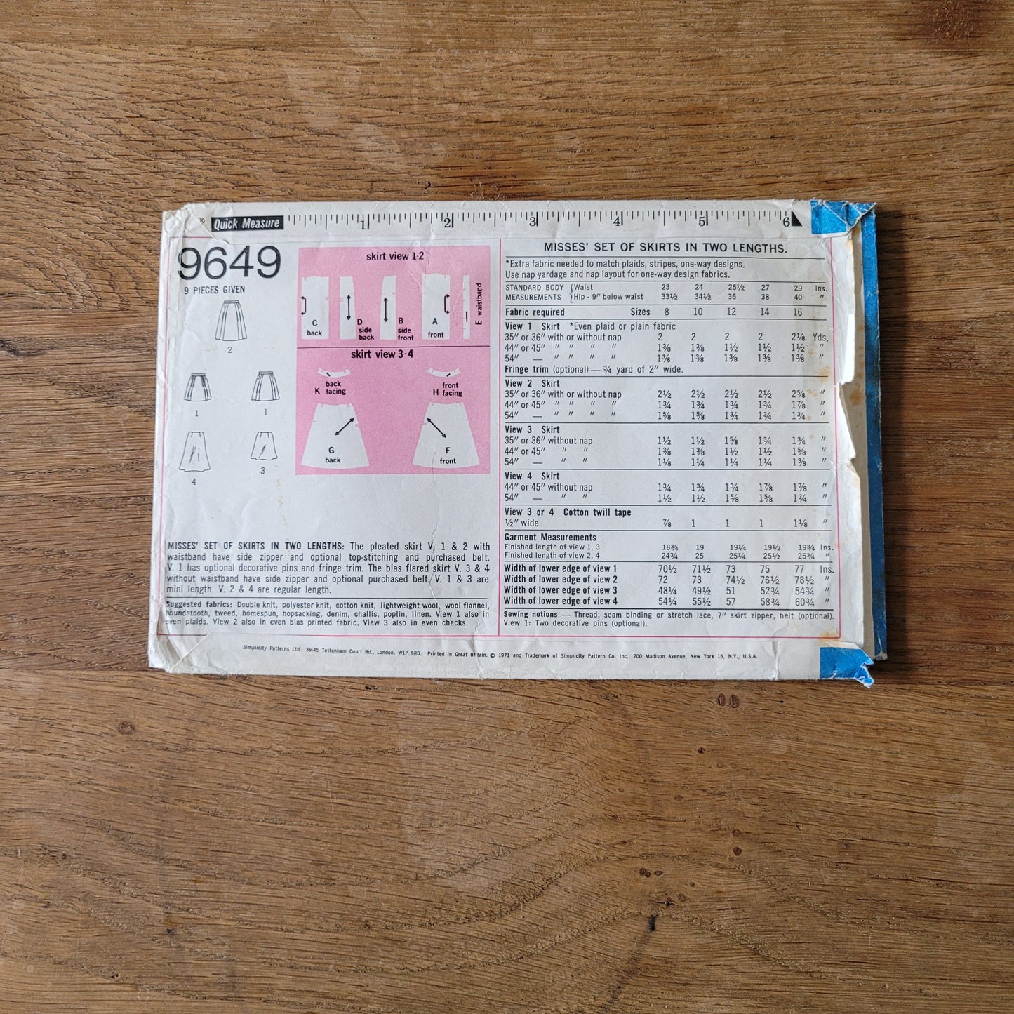 Part cut 1971 Simplicity 9649 sewing pattern for misses' set of skirts in two lengths, size 14 (complete)