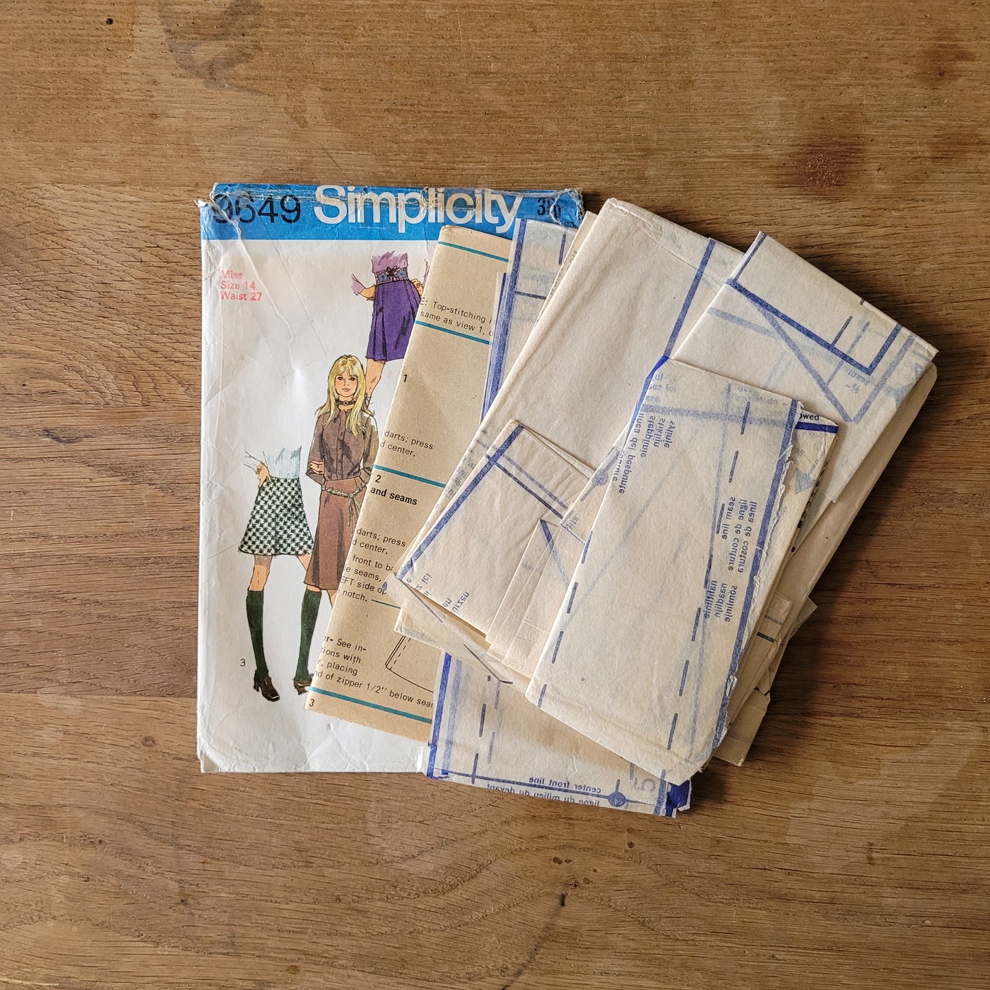 Part cut 1971 Simplicity 9649 sewing pattern for misses' set of skirts in two lengths, size 14 (complete)