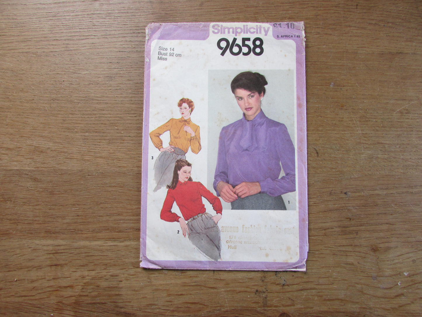 Part cut 1980 Simplicity 9658 sewing pattern for misses' back-button blouse with collar variation, size 14 (complete)