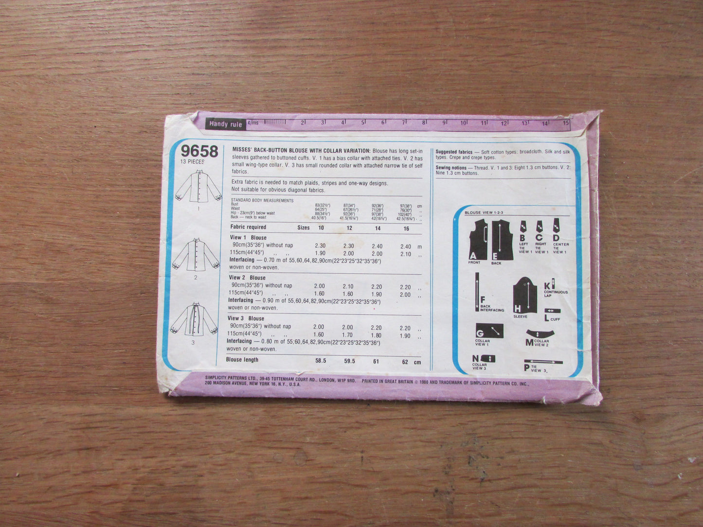 Part cut 1980 Simplicity 9658 sewing pattern for misses' back-button blouse with collar variation, size 14 (complete)